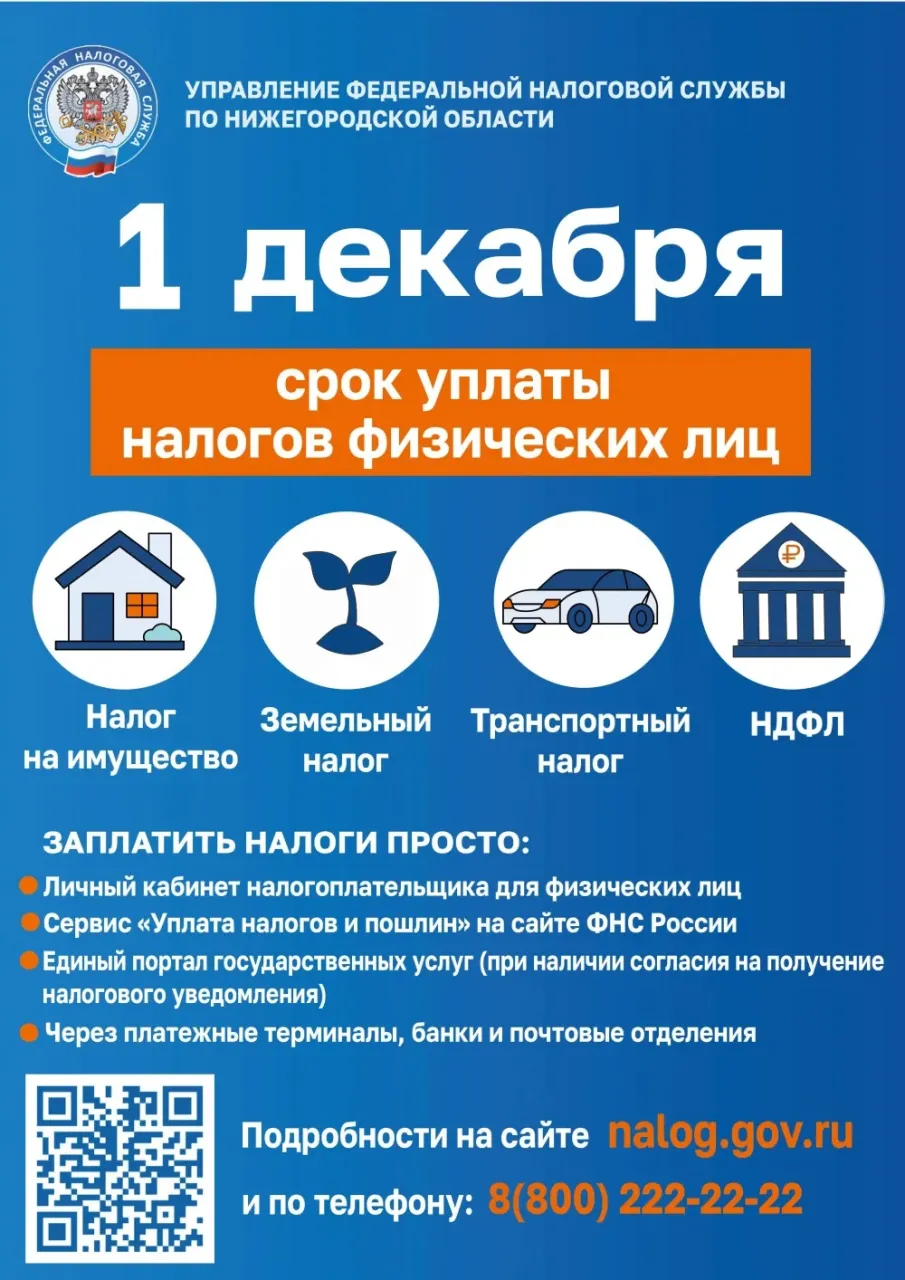 Напоминаем! 1 декабря - срок уплаты налогов физических лиц!