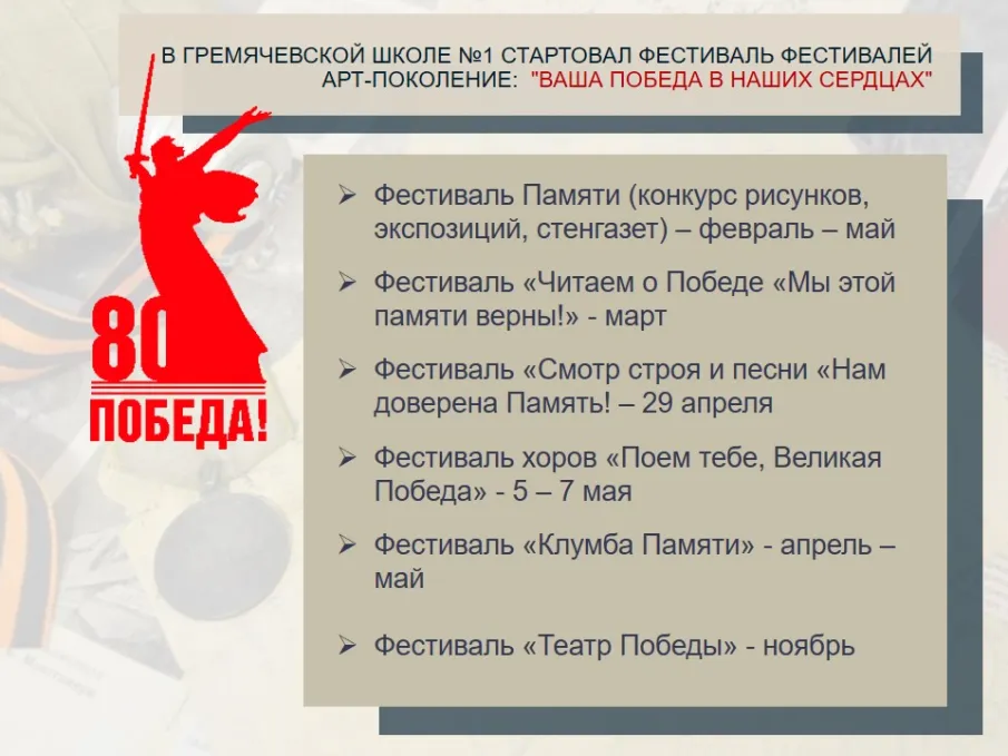 В Гремячевской школе №1 стартовал фестиваль фестивалей АРТ-ПОКОЛЕНИЕ: "Ваша победа в наших сердцах"