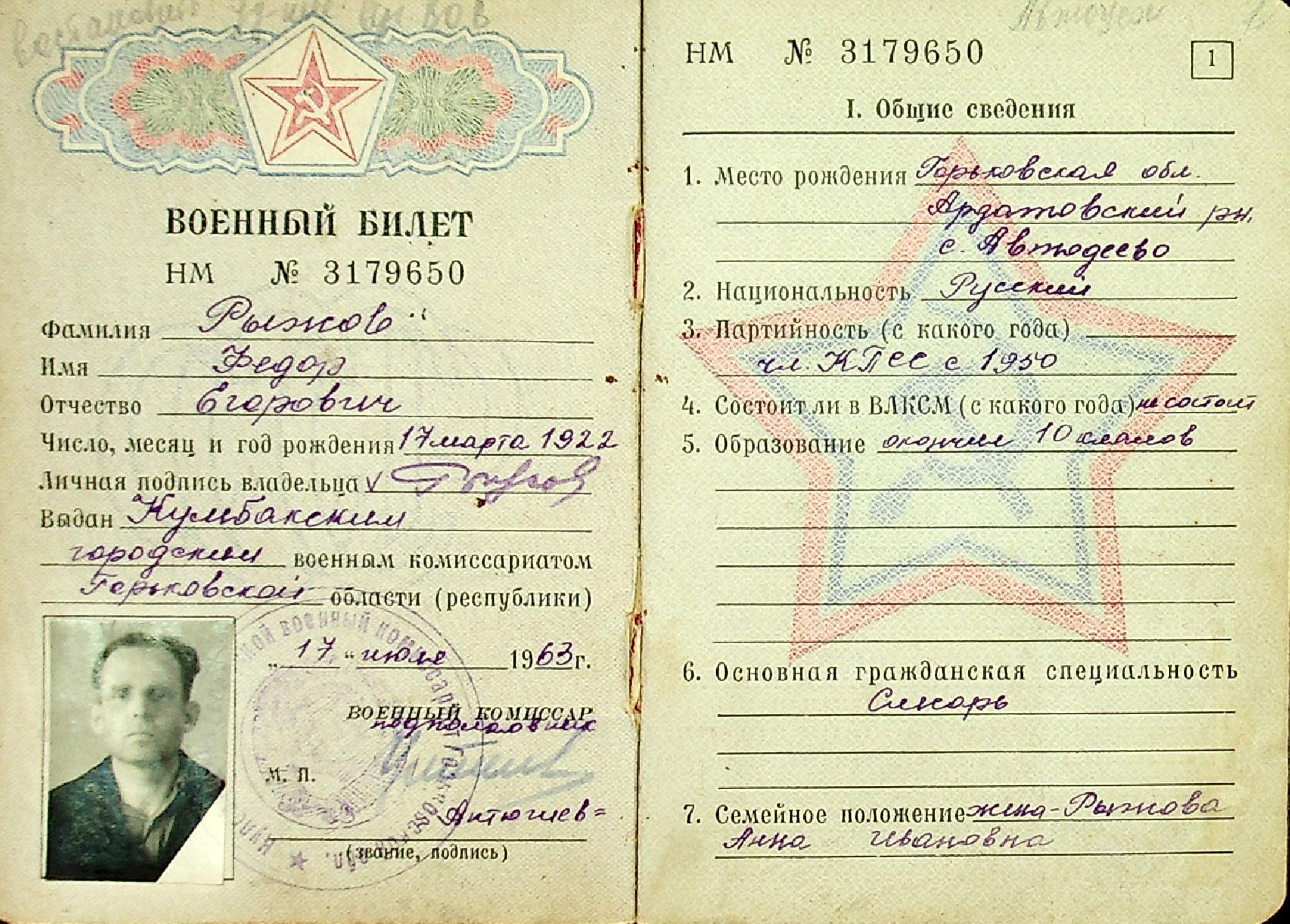 Личные документы Ф.Е.Рыжова. Военный билет